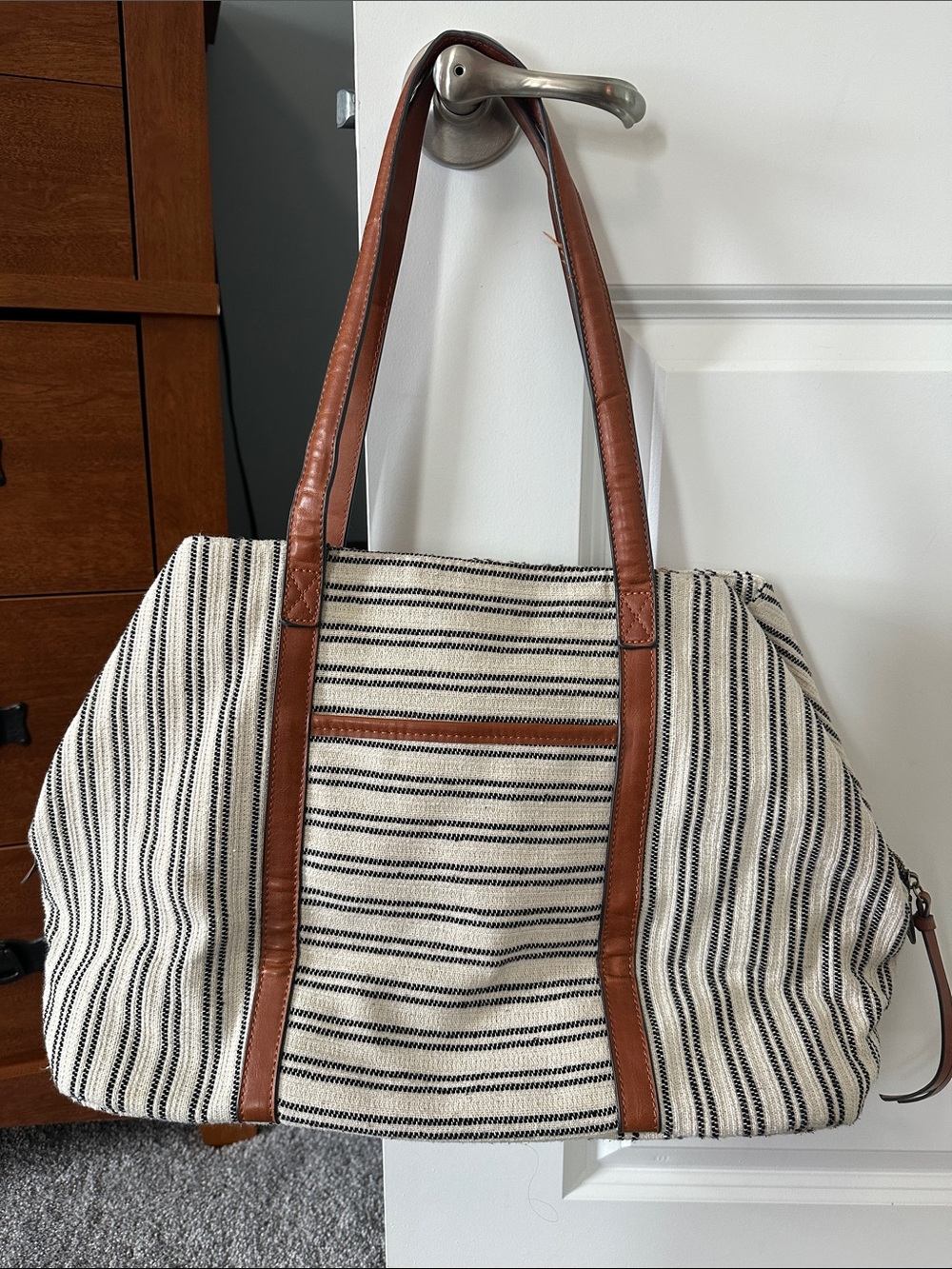 Striped Canvas Tote with Brown Leather Trim - Classic Women's Bag